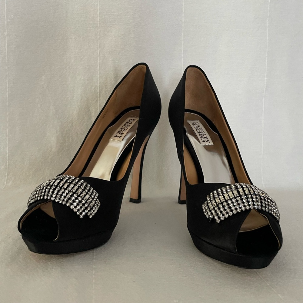 Elegant Black Satin Peep-Toe Heels with Rhinestone Detail